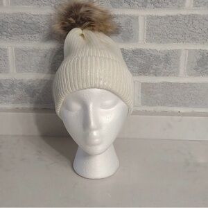 Scoop Women's Winter White Iridescent Satin Lined Beanie Hat w/ Faux Fur Pom Pom